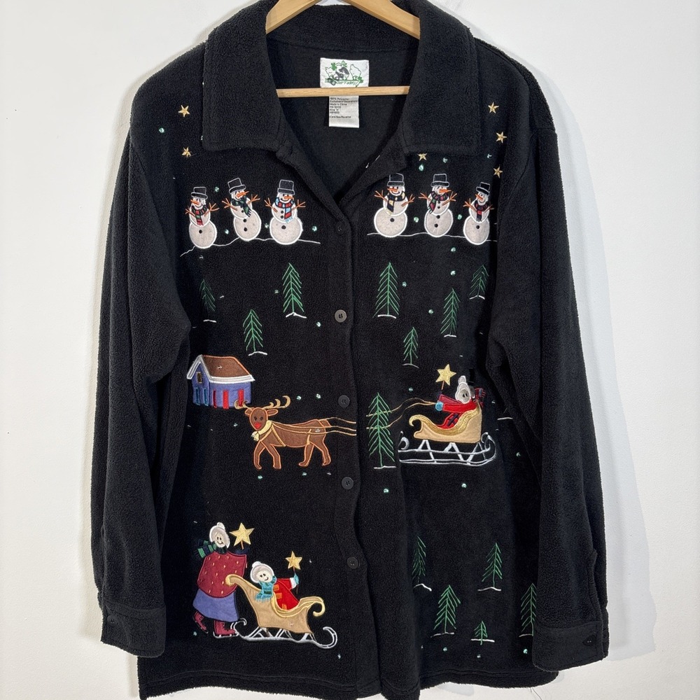 Vintage Quacker Factory 1X Ugly Christmas Sweater Fleece Black Button Front Snow